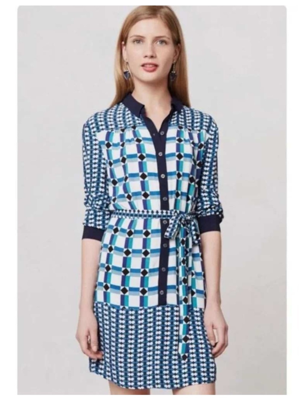 Maeve Anthropologie Geometric Shirt Dress Tie Waist Size 2